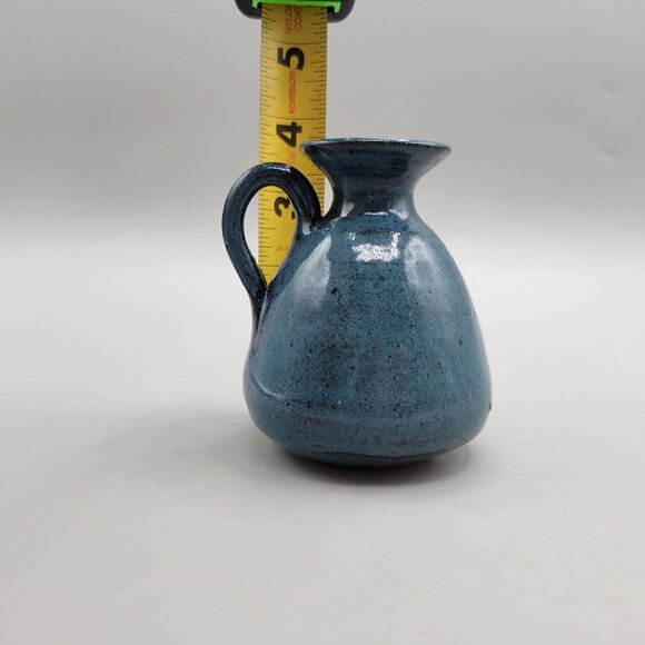 Handmade Blue Pottery Mini Jug Vase With Handle Artist Signed 4 Inch - Picture 9 of 9